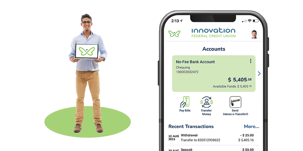 A smiling man standing next to a large mobile phone. The phone screen is displaying the innovation app.