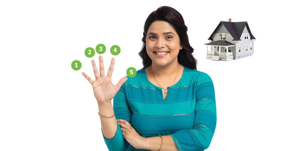 Women showing five fingers in front of a house.
