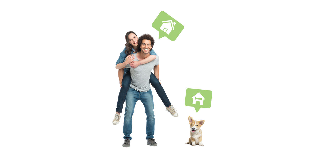 Man giving woman piggyback ride beside their dog. Both the couple and the dog dream of a new home.