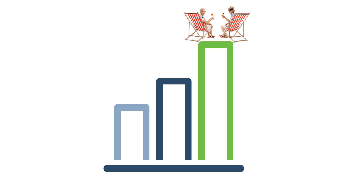 Two happy senior citizens in lawn chairs atop a bar chart.