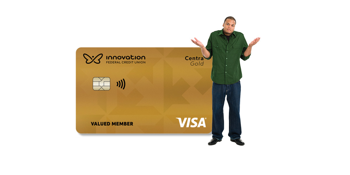 Questioning man standing beside Visa card