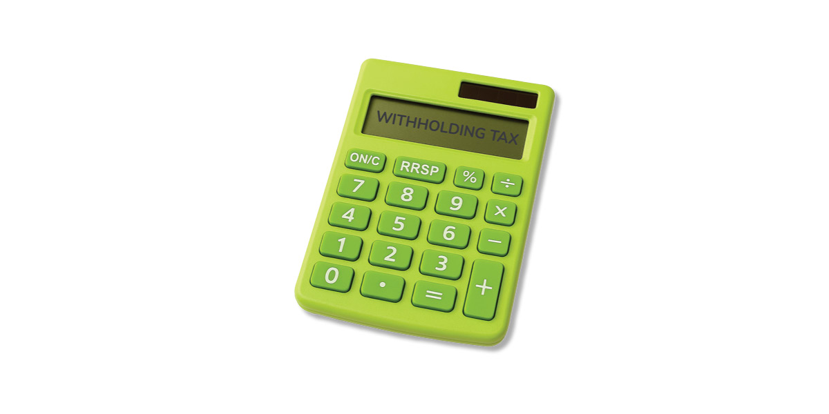 Green calculator with an RRSP button. Screen says "Withholding Tax".