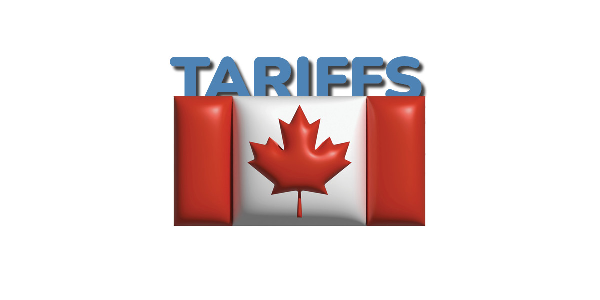 Canada flag with word "Tariffs" behind it