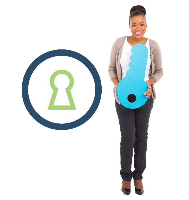 Woman holding large key beside a lock icon