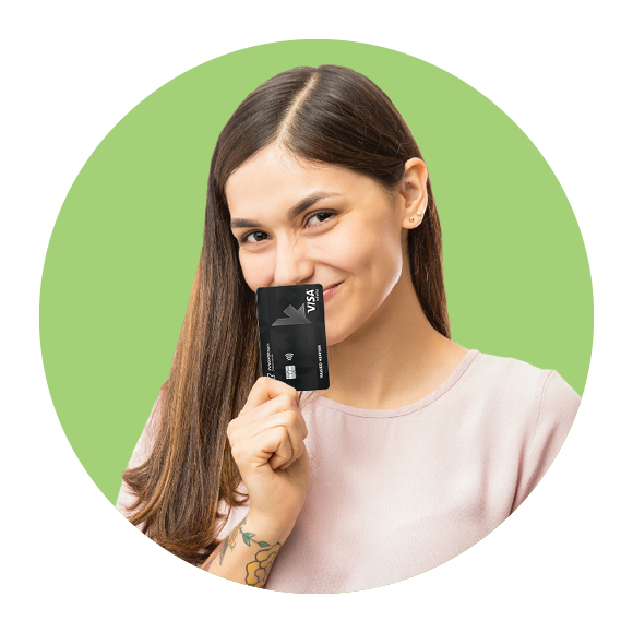 Smiling woman holding Visa Infinite card