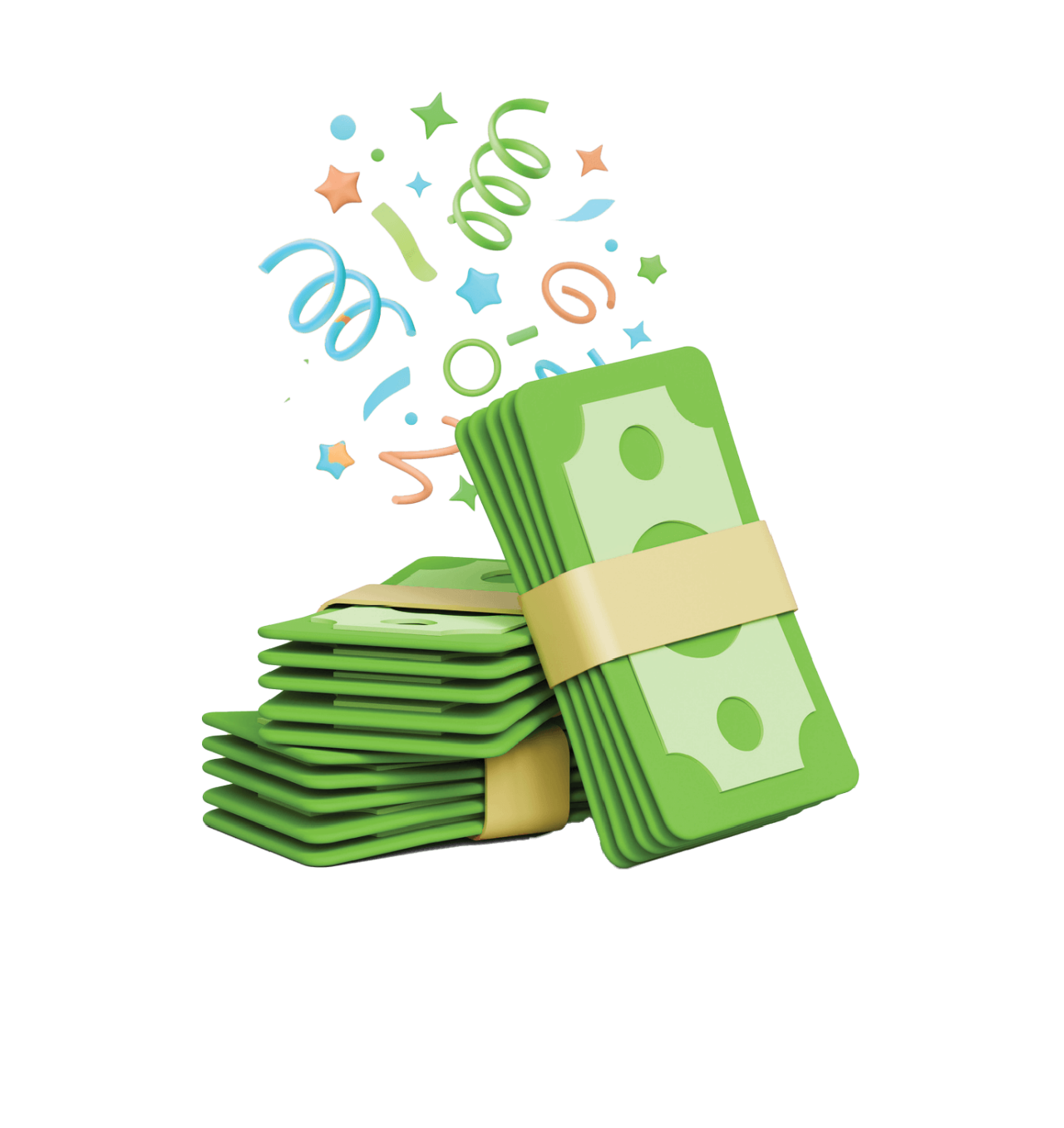 Stack of money with confetti