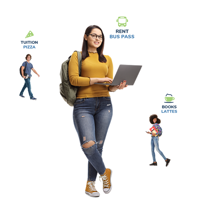Students with a variety of icons around them that they'd use to borrow money for e.g. pizza, tuition, books, rent