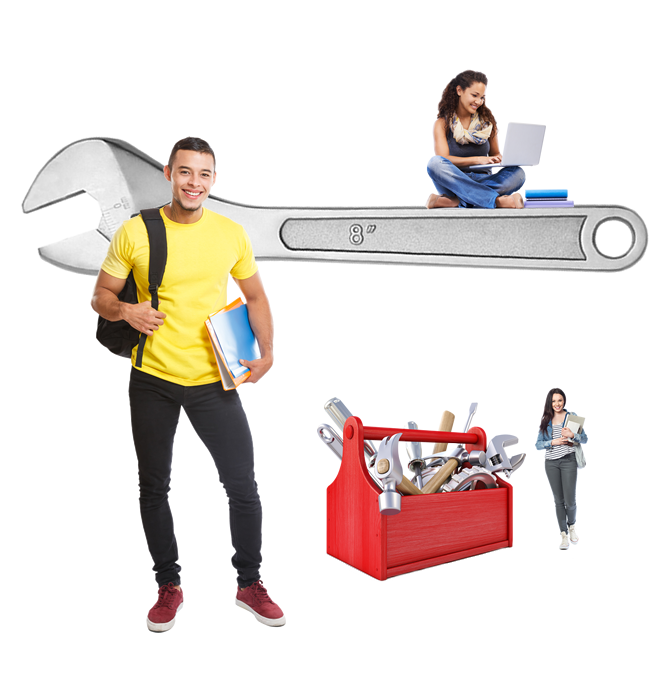 Students surrounded by large tools and a tool box