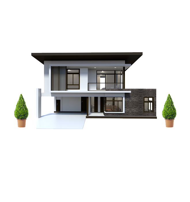 A modern white home with green shrubs