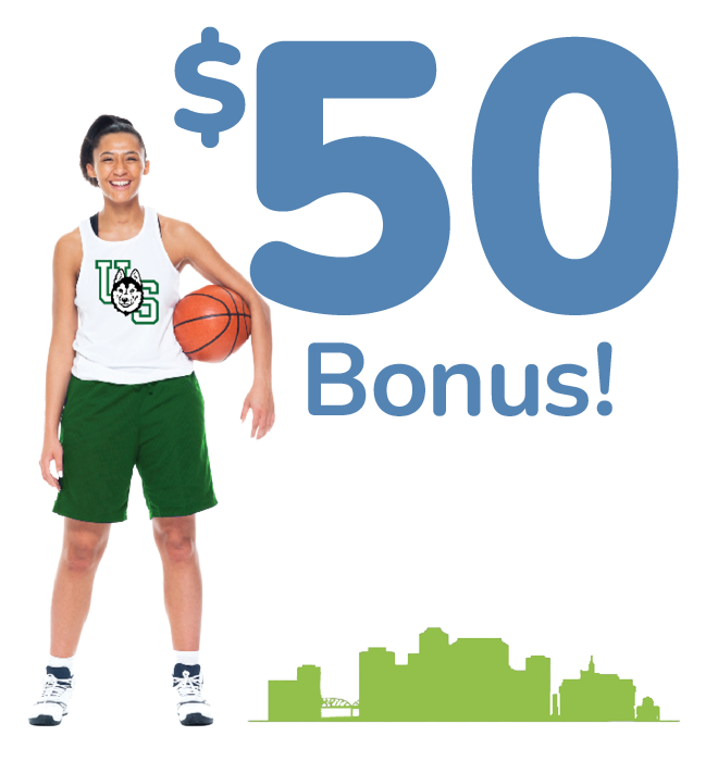 Huskies basketball player standing next to "$50 bonus!" text.