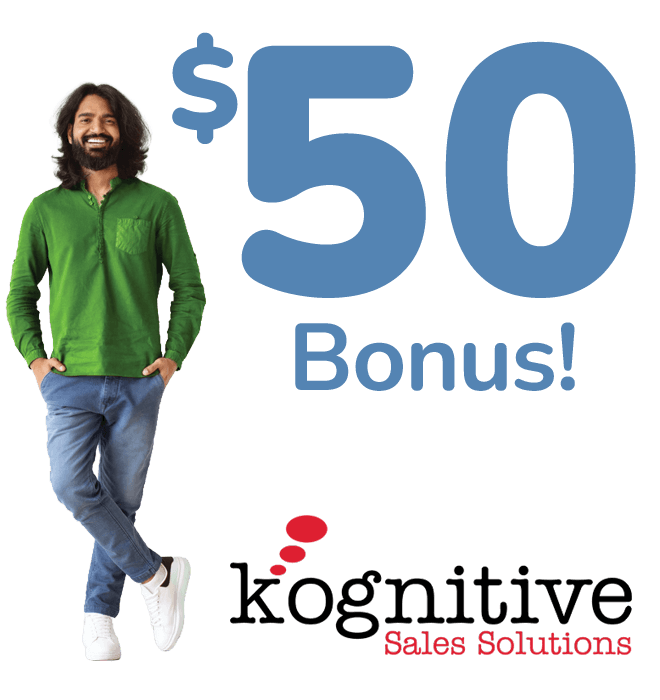 Kognitive employee standing beside the words "$50 Bonus"