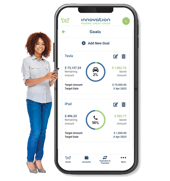 A woman stands next to a phone that shows the Innovation Federal Credit Union mobile app