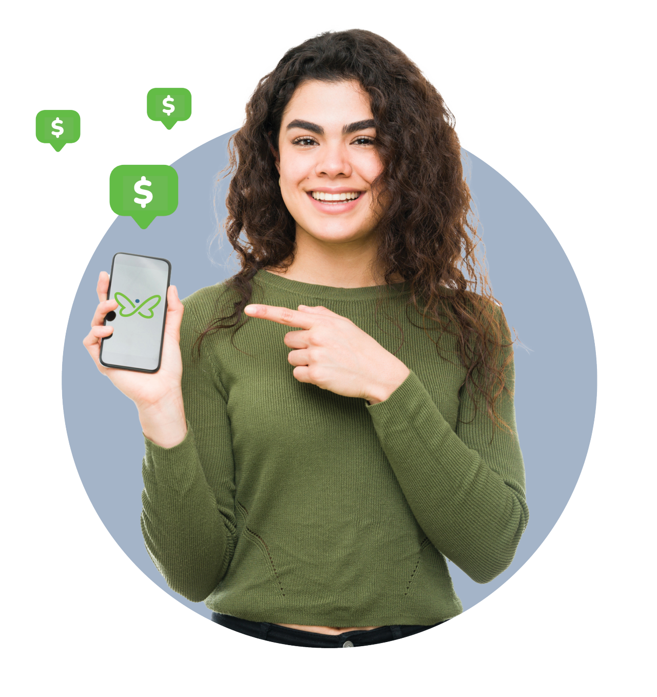 Woman holding mobile phone with Innovation log on it. Money signs are coming from phone.