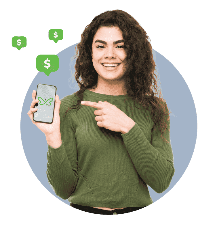 Smiling woman pointing to her phone screen