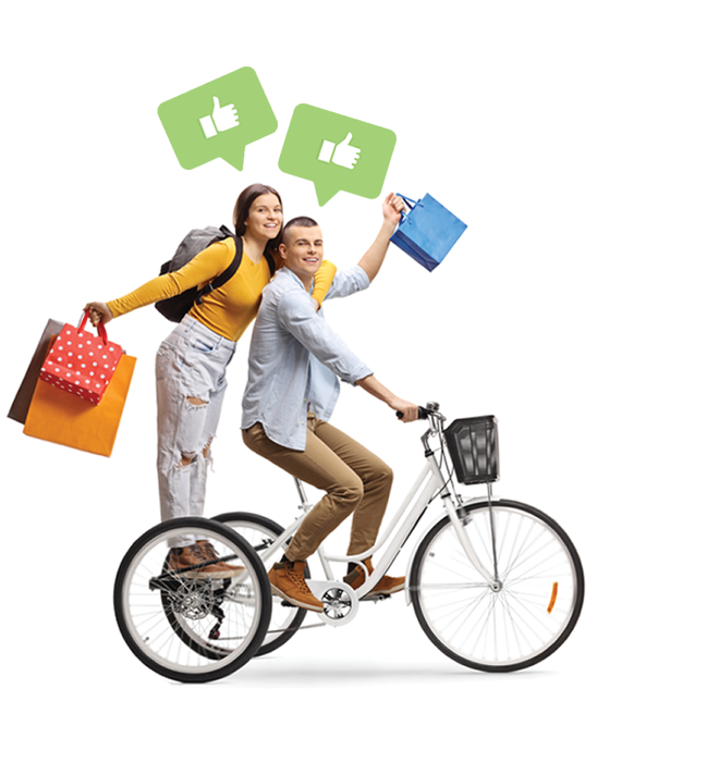 Young couple on bicycle. Thumbs up icons in thought bubbles above their heads.