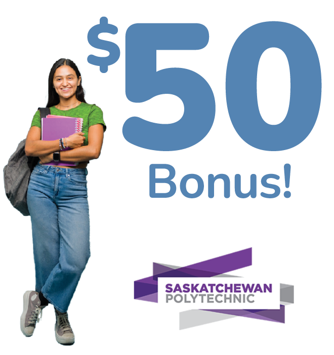 Female student beside text "$50 bonus"