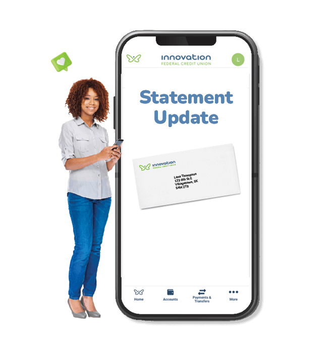 Woman standing beside large phone that displays "Statement Update" on screen