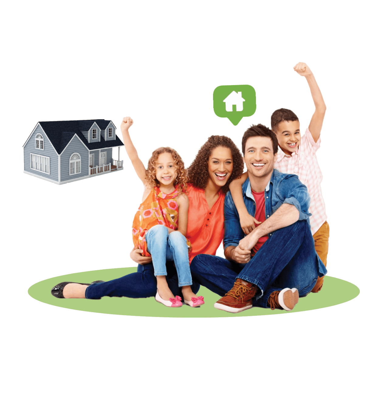 Happy family sitting by house.