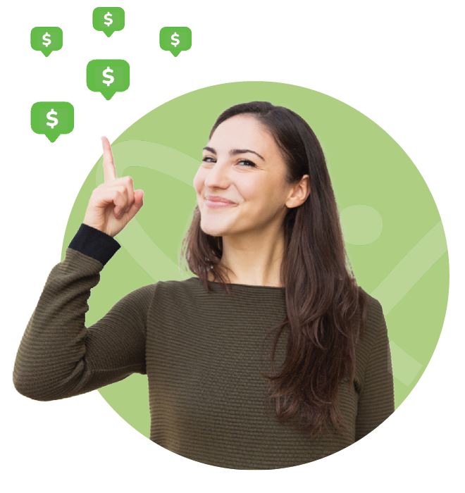 Happy female pointing at money thought bubbles.