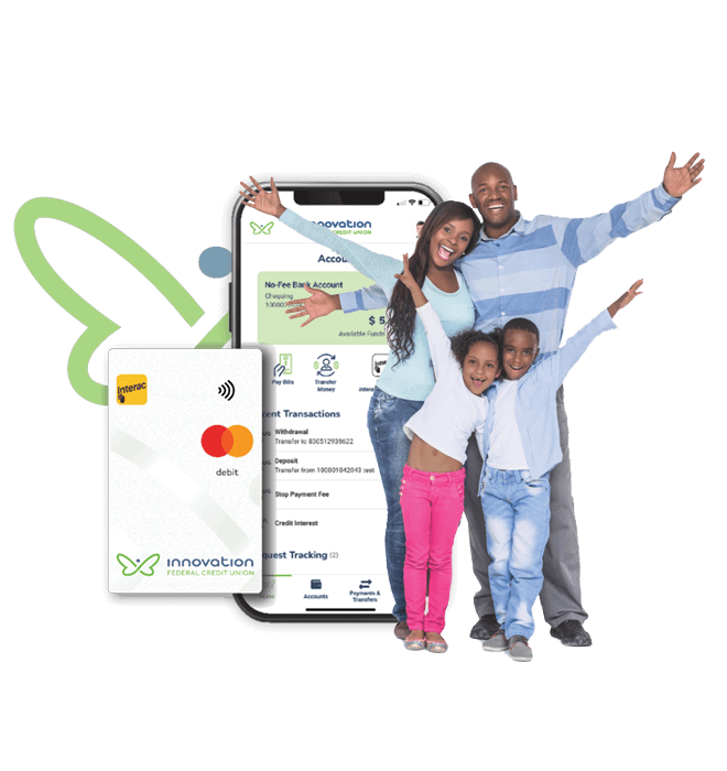 A happy family standing in front of a large phone and Debit Mastercard