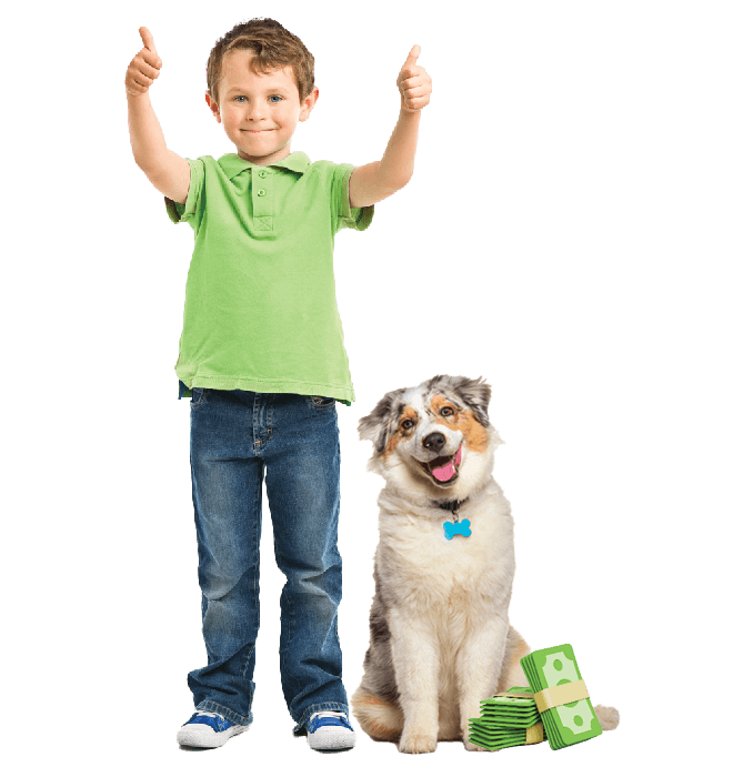 A child is giving the "thumbs up" next to a dog with a stack of  3D money.