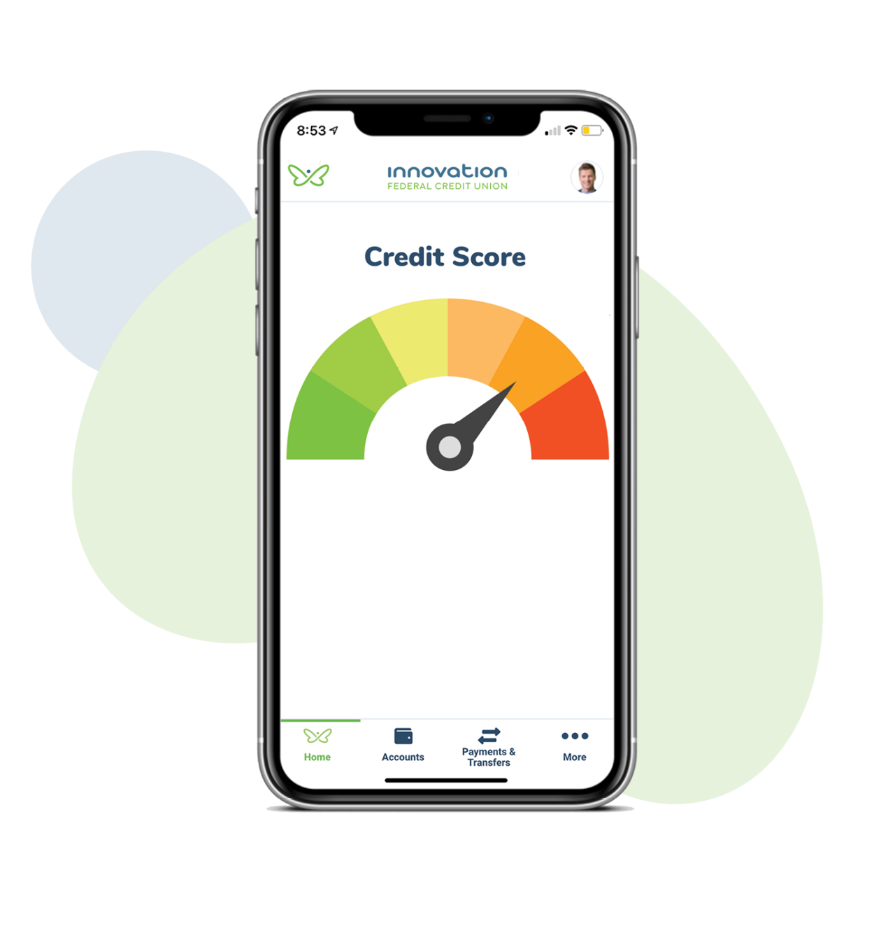 Mobile phone displaying credit score meter on Innovation app screen.