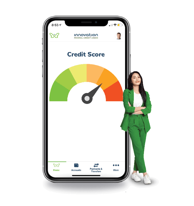 A woman leaning against a large phone with a credit score indicator