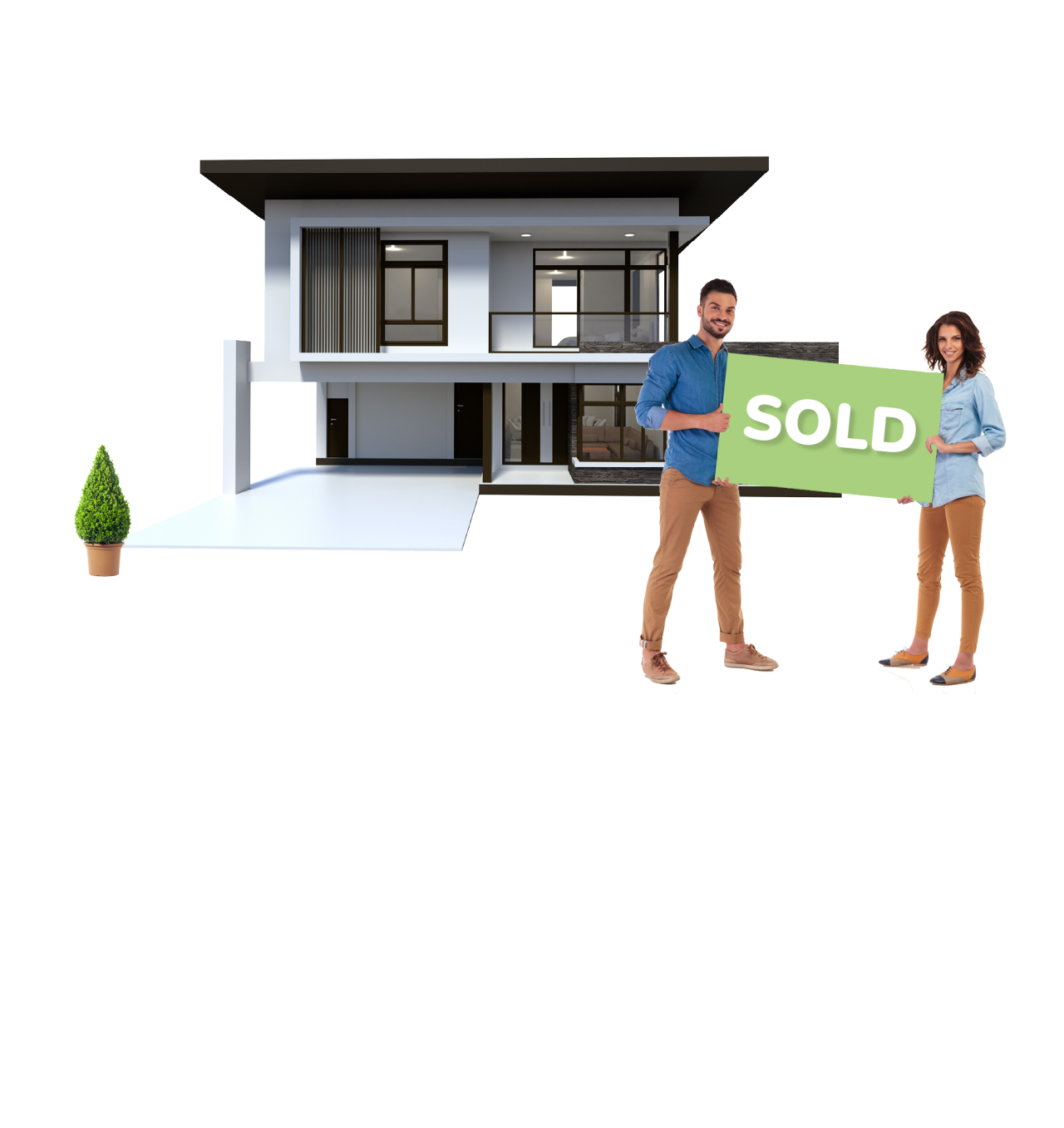 Happy couple in front of new home holding sold sign