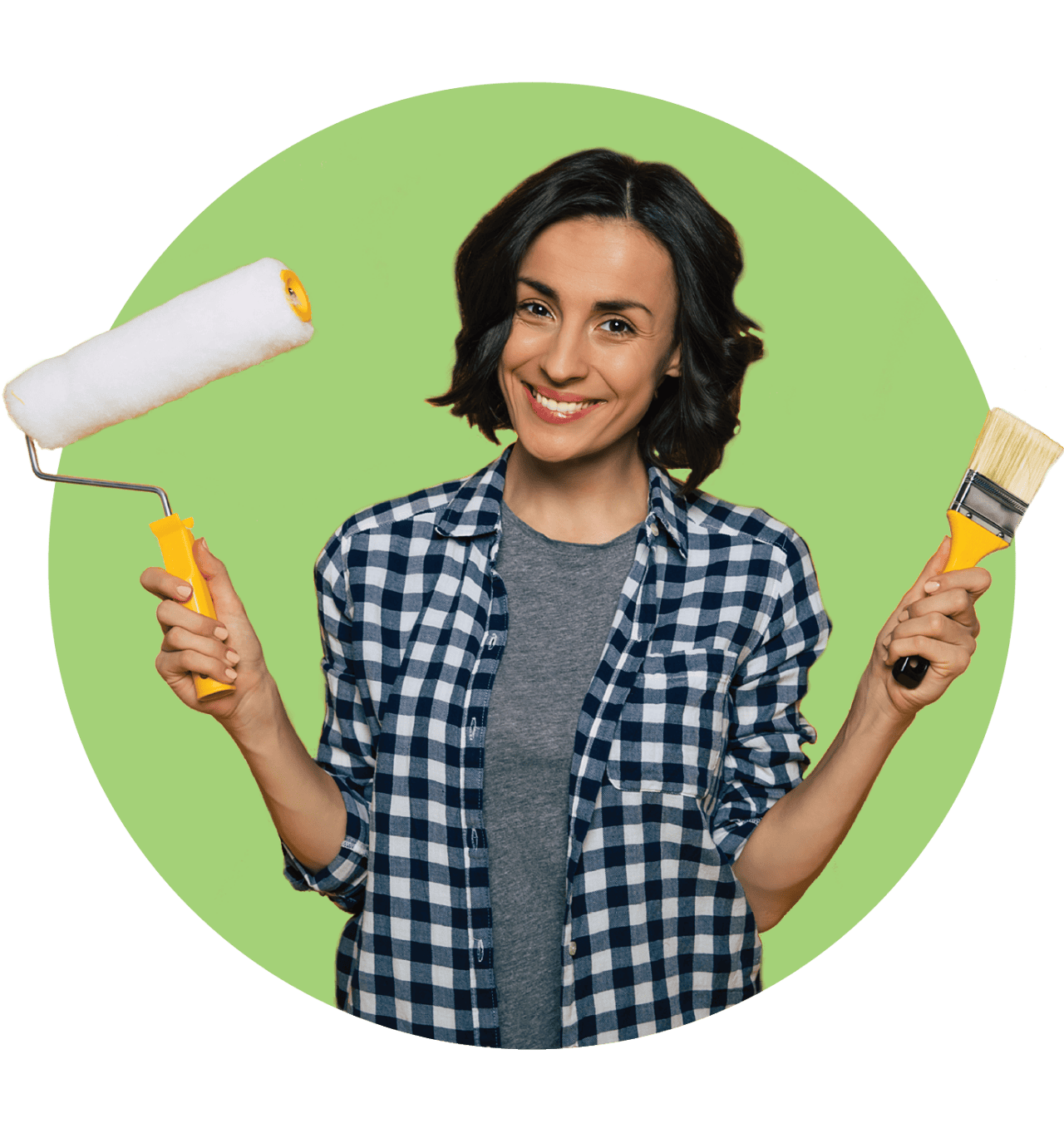 A woman with a roller and paintbrush inside a green circle